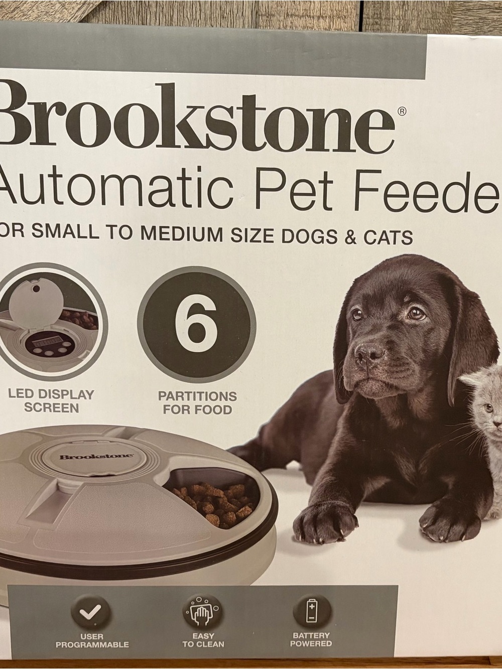 Brookstone Automatic Pet Feeder in Beige and Dark Brown